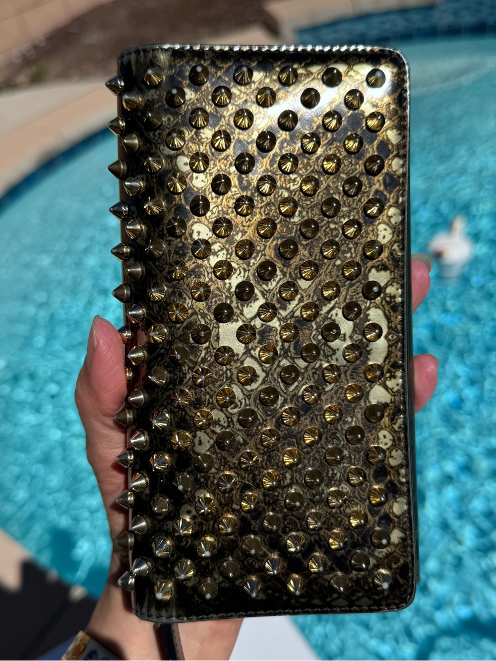 Louboutin Spiked Zip-Around Clutch Wallet snakeskin Python pattern w Entrupy